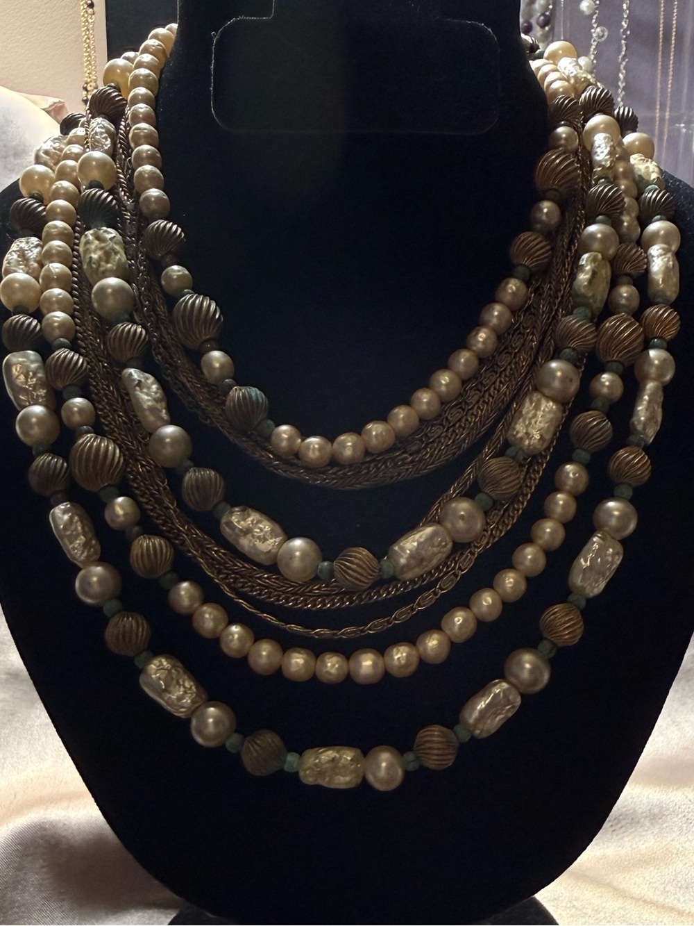 Vintage Multi-Strand Bronze tone and faux pearl
 Statement Necklace